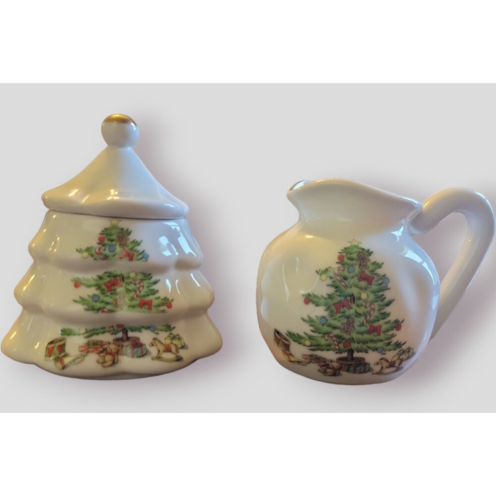 Meiwa Christmas Sugar and Creamer Set - Home for the Holidays - Tree & Vase
